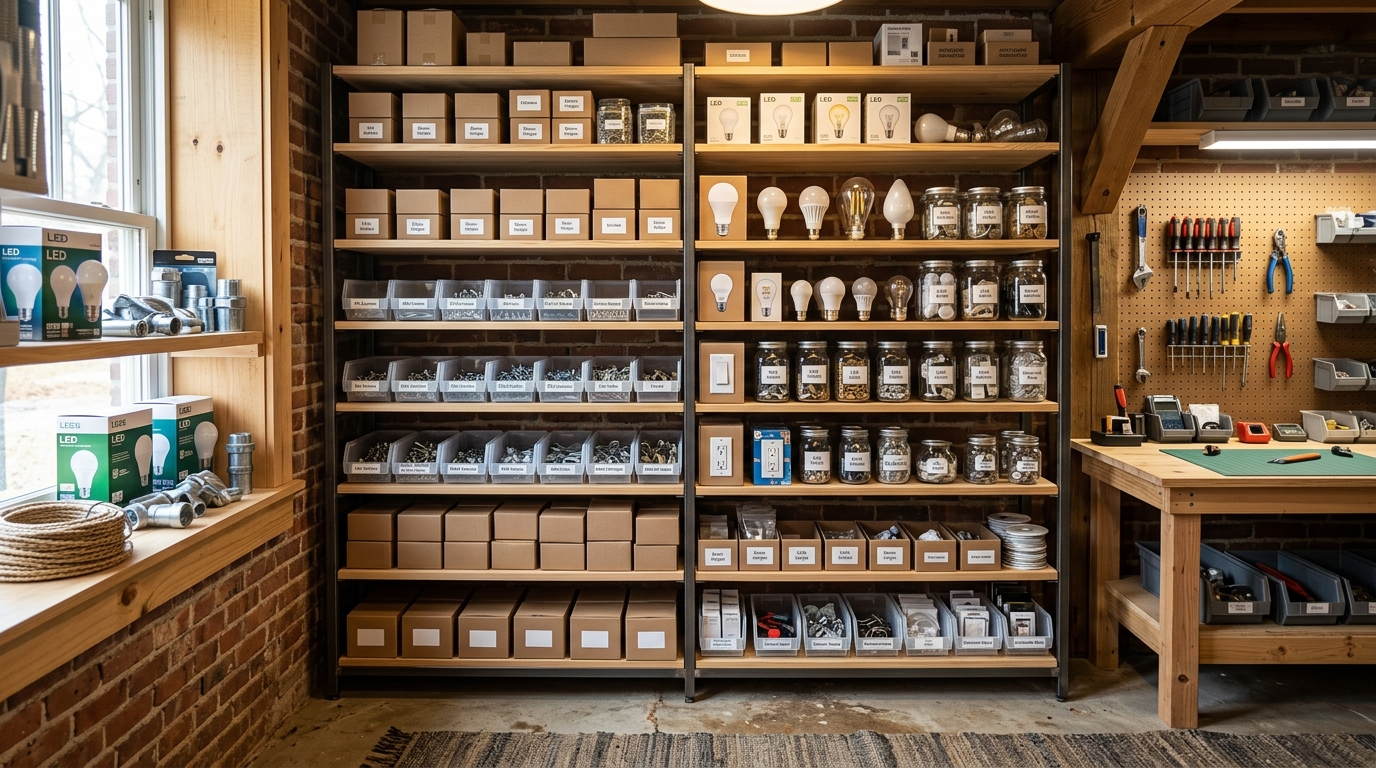 Organized shelves of home improvement products in a clean workroom