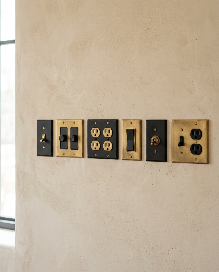 Premium wall switches and electrical plates arranged neatly