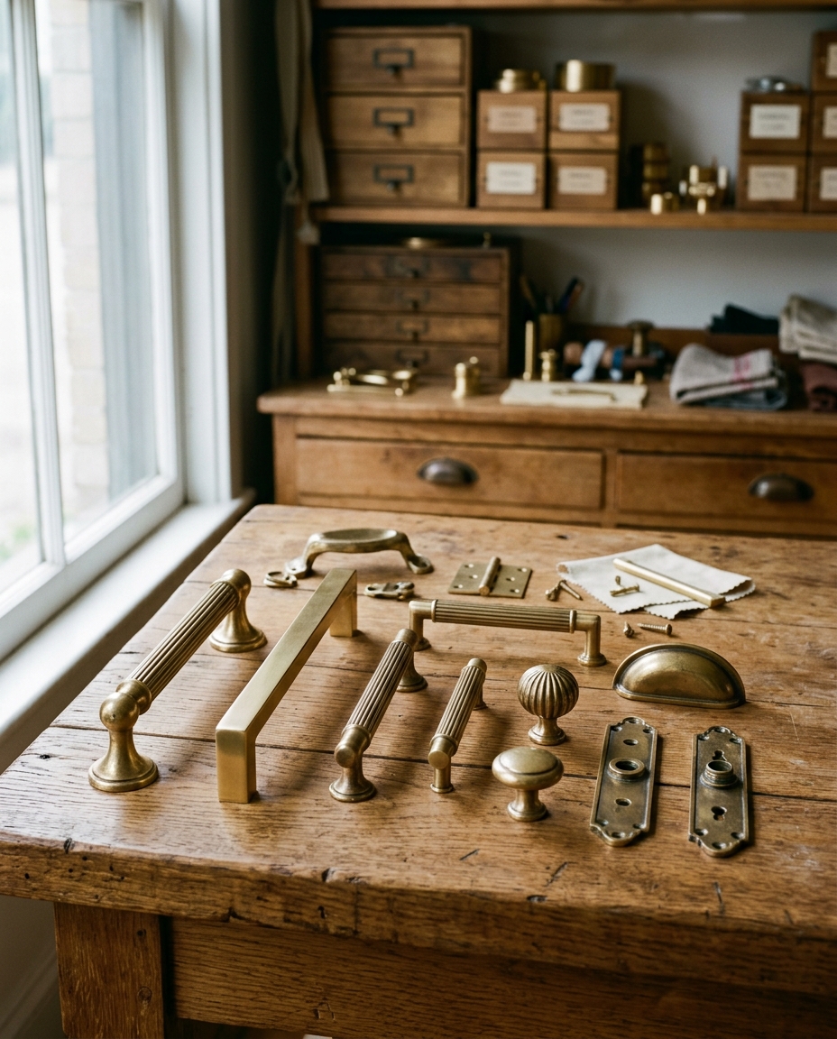 Brass door handles and cabinet hardware on a wood surface