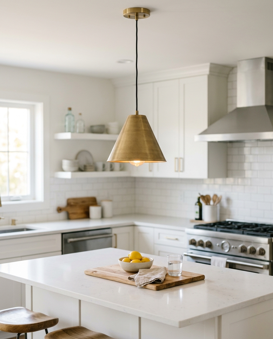 Modern pendant light fixture over a warm kitchen island