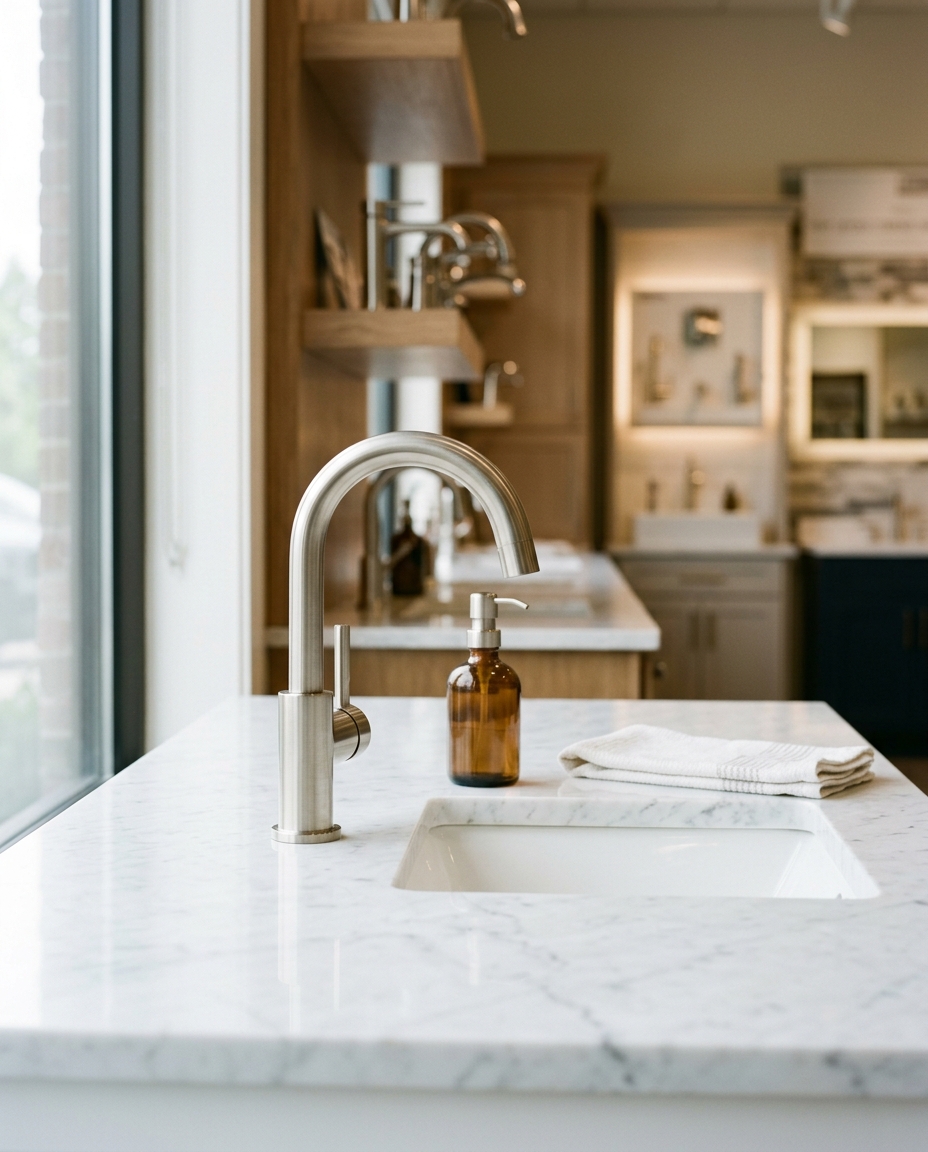 Brushed nickel bathroom faucet on a clean white vanity
